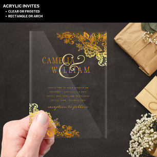 Invitations En Acrylique Mariage ACRYLIQUE Invite Gold Lace Clear Modern