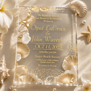 Invitations En Acrylique Mariage Acrylique Luxueux Perle et Or Coquillage