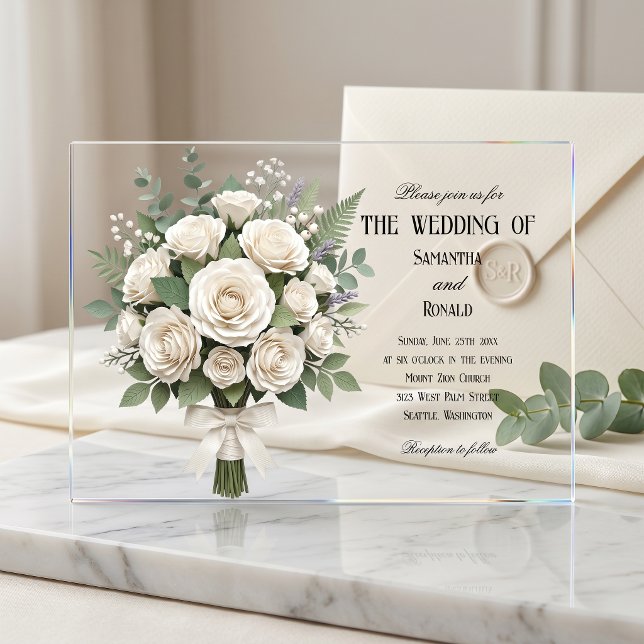 Invitations En Acrylique Mariage Acrylique Roses Blanches Élégantes (Créateur téléchargé)