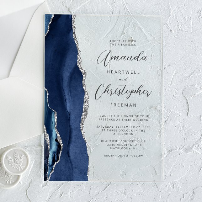 Invitations En Acrylique Mariage Agate Bleu Nuit Argent Script (Créateur téléchargé)