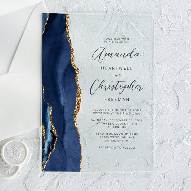 Invitations En Acrylique Mariage Agate Bleu Nuit Or Script (Créateur téléchargé)