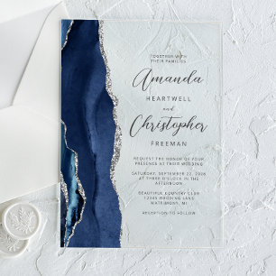 Invitations En Acrylique Mariage Agate Marine Blue Silver