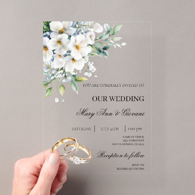 Invitations En Acrylique Mariage anneau d'or à fleurs blanches (In situ (ordinateur de poche))