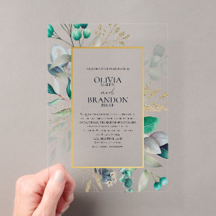 Invitations En Acrylique Mariage Aquarelle Feuilles d'Eucalyptus et Cadre D