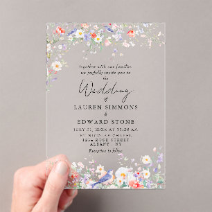 Invitations En Acrylique Mariage Aquarelle Fleurs Fantaisistes et Oiseaux B