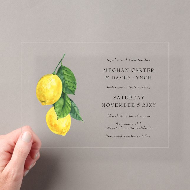 Invitations En Acrylique Mariage aquarelle rustique citron (In situ (ordinateur de poche))
