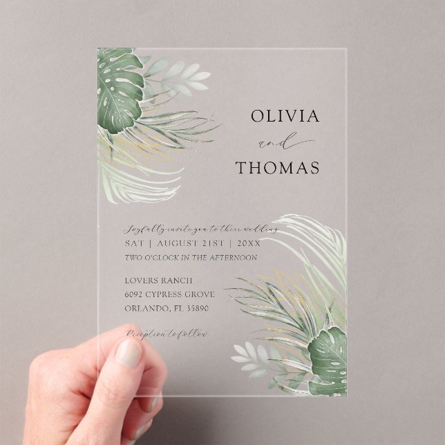 Invitations En Acrylique Mariage aquarelle verte boho Monstera (In situ (ordinateur de poche))