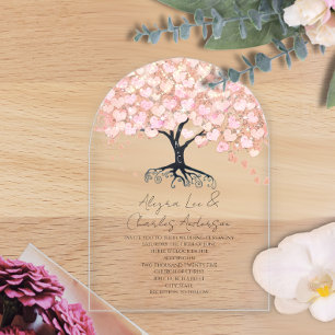 Invitations En Acrylique Mariage Arbre à Feuilles en Forme de Cœur Rose Con