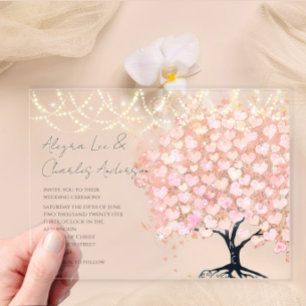 Invitations En Acrylique Mariage Arbre à Feuilles en Forme de Cœur Rose Con