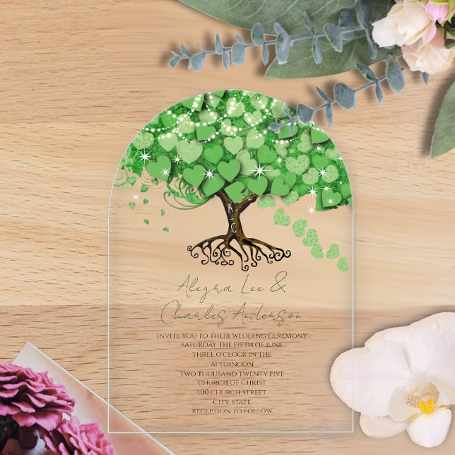 Invitations En Acrylique Mariage Arbre Feuille Cœur Vert Conte de Fées Ench (Créateur téléchargé)