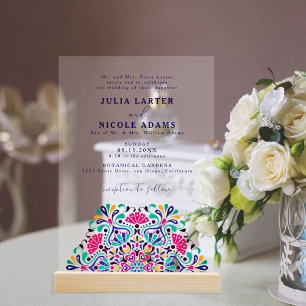 Invitations En Acrylique Mariage arc-en-ciel de style vibrant fiesta mexica
