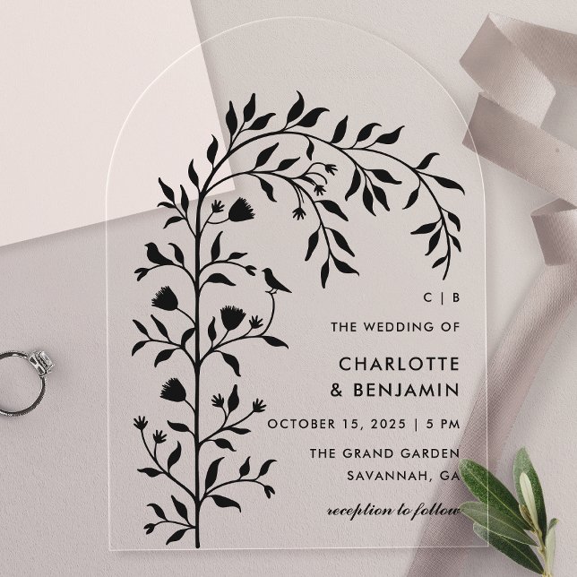Invitations En Acrylique Mariage Arch Botanique Noir  (Créateur téléchargé)