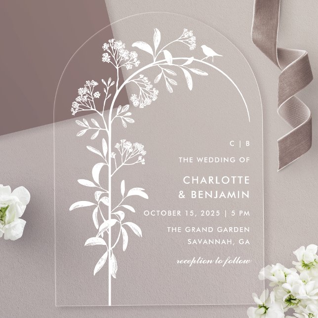 Invitations En Acrylique Mariage Arche Botanique Oiseau Blanc Moderne (Créateur téléchargé)