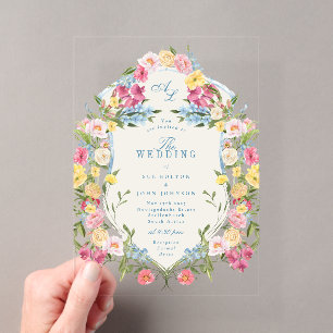 Invitations En Acrylique Mariage au Blason Floral Bleu Français Vintage