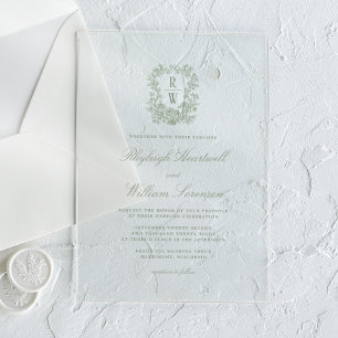 Invitations En Acrylique Mariage au blason floral français vert sauge monog