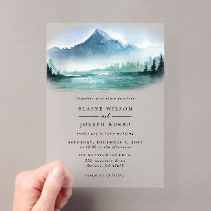 Invitations En Acrylique Mariage au bord du lac avec montagnes de pins aqua