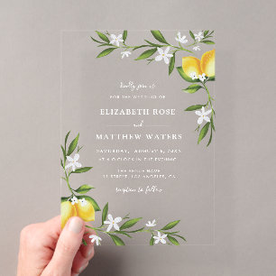 Invitations En Acrylique mariage au feuillage de citron aquarelle