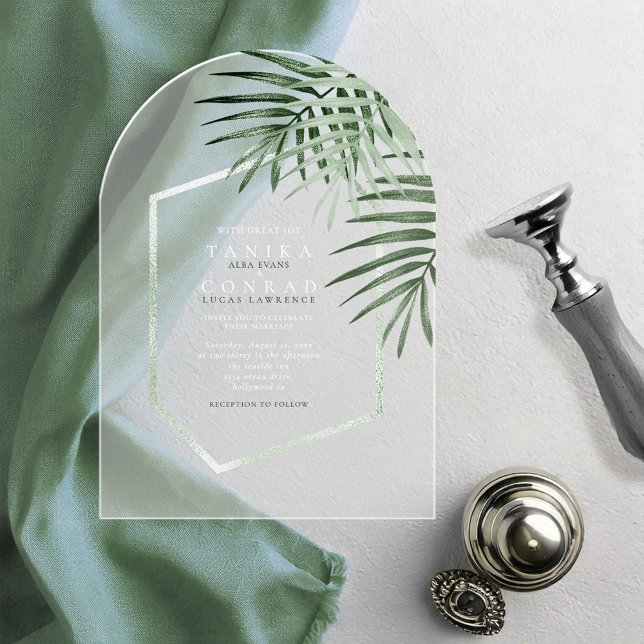 Invitations En Acrylique Mariage au feuillage de palmier luxuriant vert mou (Créateur téléchargé)
