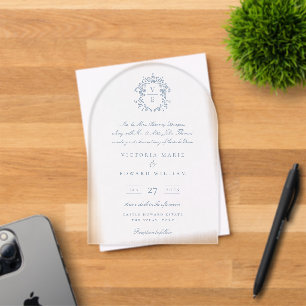 Invitations En Acrylique Mariage au monogramme à crête bleu poussiéreux