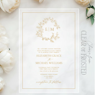 Invitations En Acrylique Mariage au monogramme de blason doré à feuilles fo