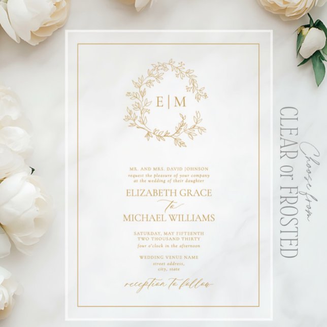 Invitations En Acrylique Mariage au monogramme de blason doré à feuilles fo (Créateur téléchargé)