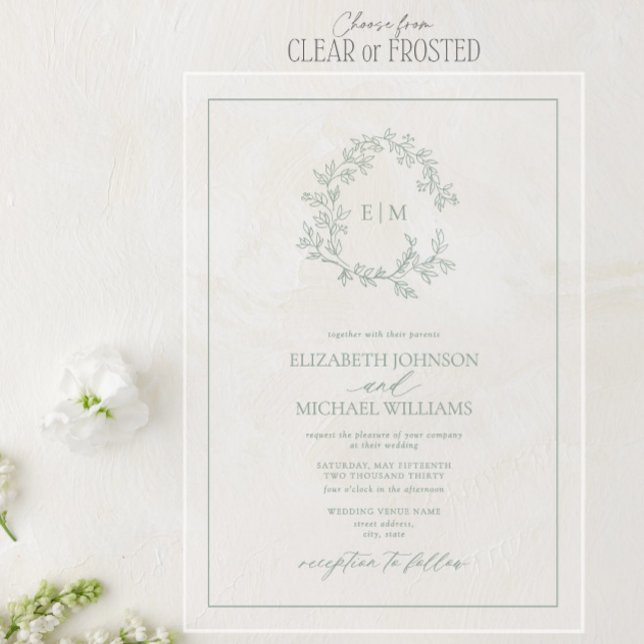Invitations En Acrylique Mariage au monogramme de crête feuillue vert sauge (Créateur téléchargé)
