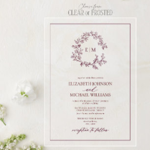 Invitations En Acrylique Mariage au monogramme moderne à feuilles de Bourgo