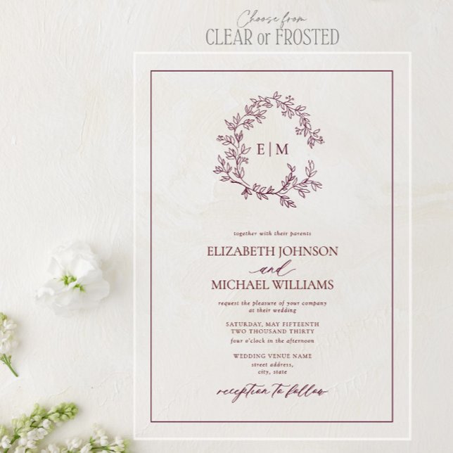 Invitations En Acrylique Mariage au monogramme moderne à feuilles de Bourgo (Créateur téléchargé)