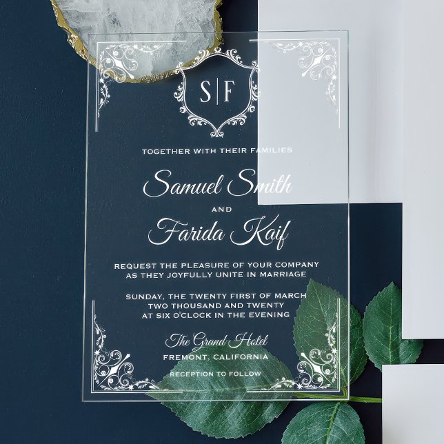 Invitations En Acrylique Mariage au monogramme orné blanc (Créateur téléchargé)