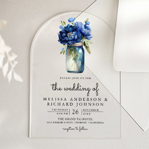 Invitations En Acrylique Mariage au pot Mason floral bleu roi