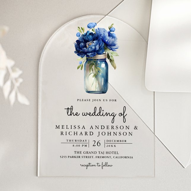 Invitations En Acrylique Mariage au pot Mason floral bleu roi (Créateur téléchargé)