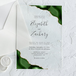 Invitations En Acrylique Mariage aux coins de l'agate dorée verte chasseur