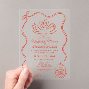 Invitations En Acrylique Mariage aux cygnes rétro orange dessinés à la main