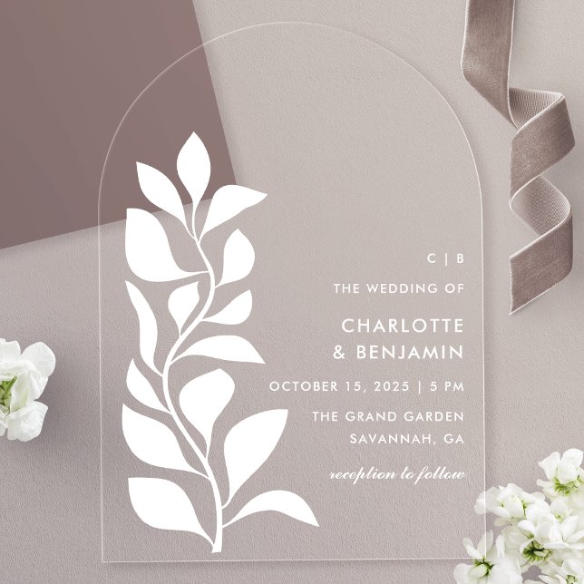 Invitations En Acrylique Mariage aux feuilles botaniques blanches modernes (Créateur téléchargé)