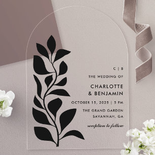Invitations En Acrylique Mariage aux feuilles botaniques noires modernes