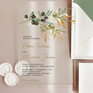 Invitations En Acrylique Mariage aux feuilles d'olivier rustiques