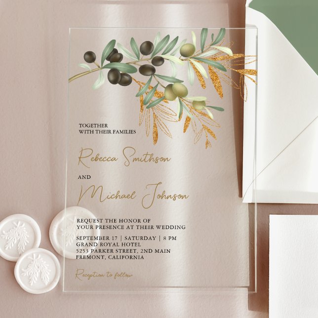 Invitations En Acrylique Mariage aux feuilles d'olivier rustiques (Créateur téléchargé)
