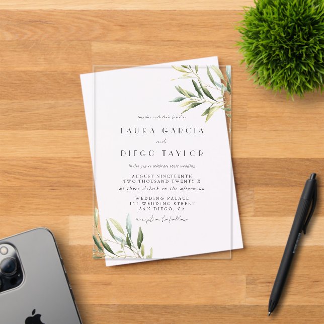 Invitations En Acrylique Mariage aux feuilles vert olive aquarelle (Insitu (Carte d'invitation))