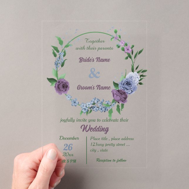 Invitations En Acrylique Mariage aux fleurs bleues poussiéreuses violettes  (In situ (ordinateur de poche))