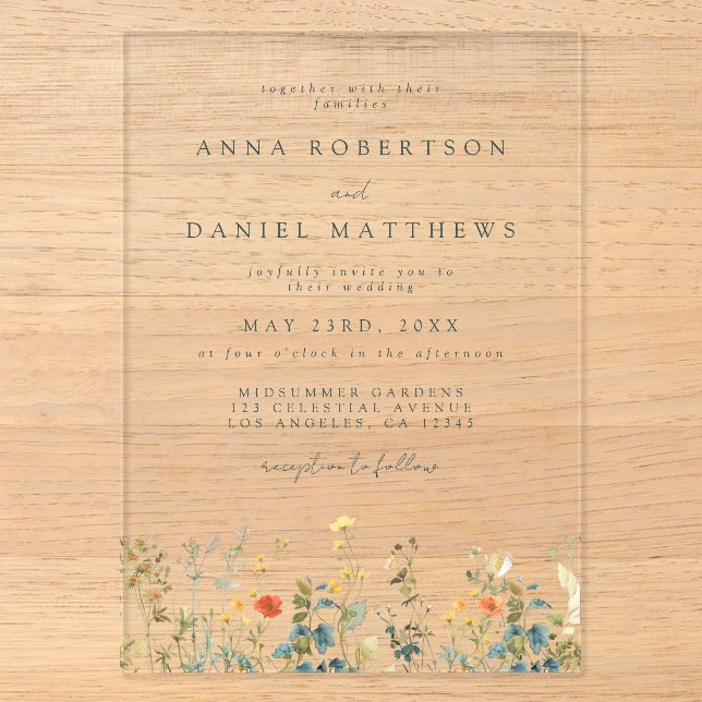 Invitations En Acrylique Mariage aux fleurs sauvages (Recto)