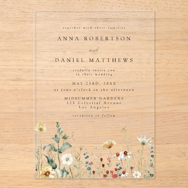 Invitations En Acrylique Mariage aux fleurs sauvages (Recto)