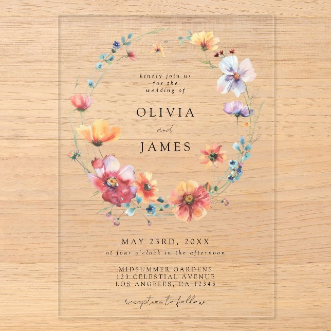 Invitations En Acrylique Mariage aux fleurs sauvages aquarelle (Recto)