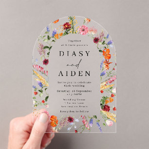 Invitations En Acrylique Mariage aux fleurs sauvages aquarelles audacieuses