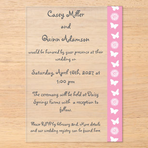 Invitations En Acrylique Mariage aux marguerites et papillons en rose pétal