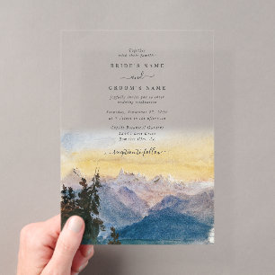 Invitations En Acrylique Mariage aux Montagnes Bleues à l'aquarelle avec Pi