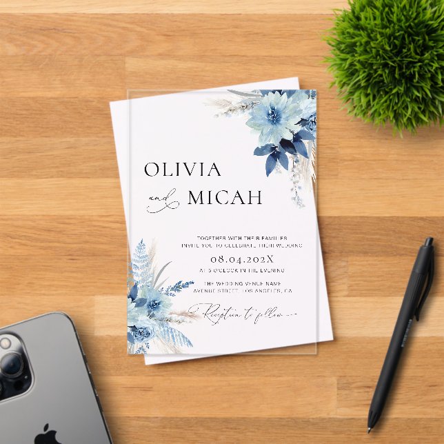 Invitations En Acrylique mariage aux pampas floraux bleus (Insitu (Carte d'invitation))