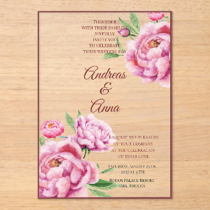 Invitations En Acrylique Mariage aux Pivoines