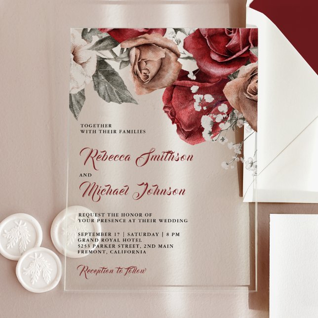 Invitations En Acrylique Mariage aux Roses Bourguignonnes Rustiques (Créateur téléchargé)