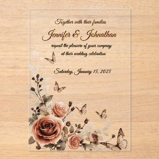 Invitations En Acrylique Mariage aux Roses et Papillons Vintage