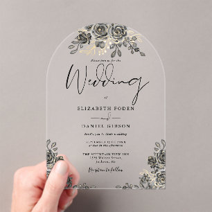 Invitations En Acrylique Mariage aux Roses Gothiques Fleurs Noires et Ornée